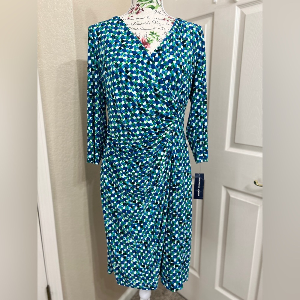 American Living Blue and Green Patterned Long Sleeve Dress